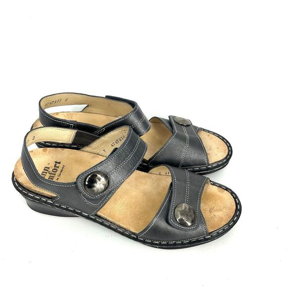 Finn Comfort Sandals Size 7 Women Alanya Dark Metallic Silver Slingback Wedge - Picture 1 of 7